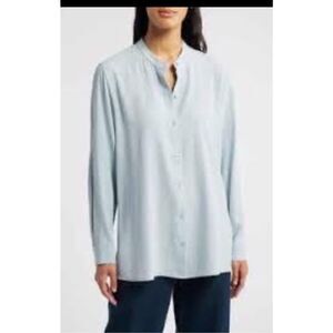 Eileen Fisher Band Collar 100% Silk Button Up Shirt Blue Womens Plus Size 1X